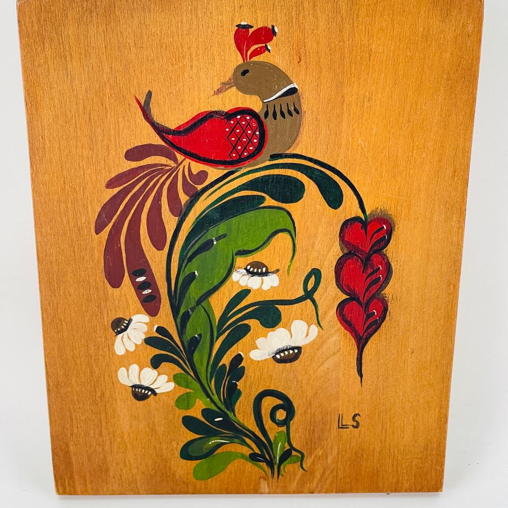 Hand Painted Folk Art Cutting Board Wall Hanging Bird Flowers - Picture 2 of 5